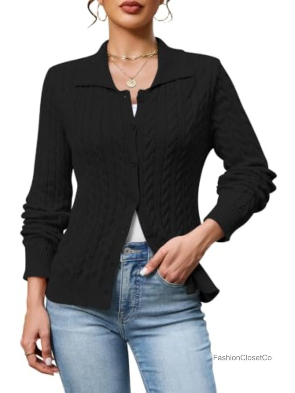 Cable Knit Collared Button Up Cardigan Sweater